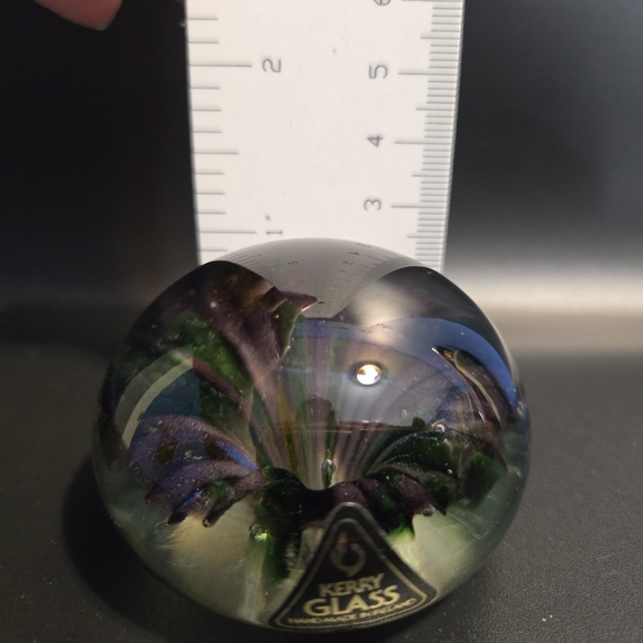 Kelly Glass Paperweight Sphere with Green and Purple "Flower" - Picture 6 of 6
